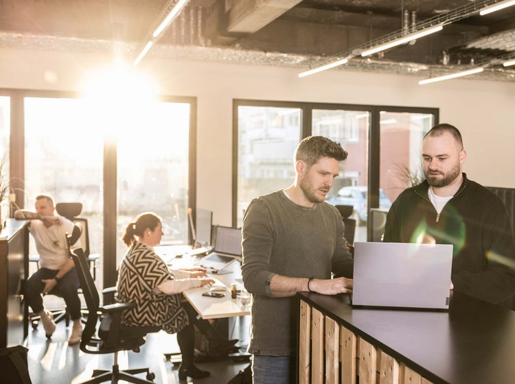 Zwei Männer arbeiten gemeinsam an einem Laptop in einem modernen Büro, während im Hintergrund zwei weitere Personen an Schreibtischen konzentriert arbeiten.