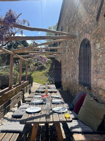 Gemütlicher Essbereich unter der Pergola in I Casali Toscana Ein gedeckter Tisch mit Tellern und Gläsern unter einer Pergola mit blühender Glyzinie, neben einer steinernen Wand und einer idyllischen Landschaft.