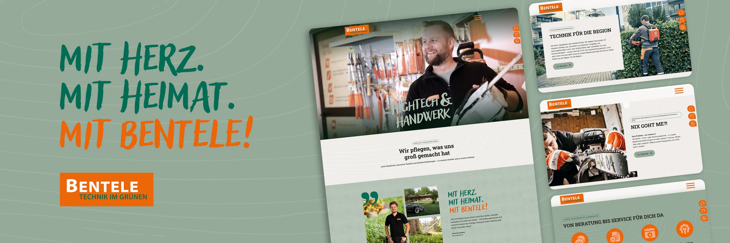 Bentele Forst- und Gartentechnik Referenz Website-Ansicht von Bentele mit Slogan „Mit Herz. Mit Heimat. Mit Bentele!“ und Bildern von Handwerkern, die technische Arbeiten ausführen, sowie Infos zum Unternehmen und Engagement in der Region.