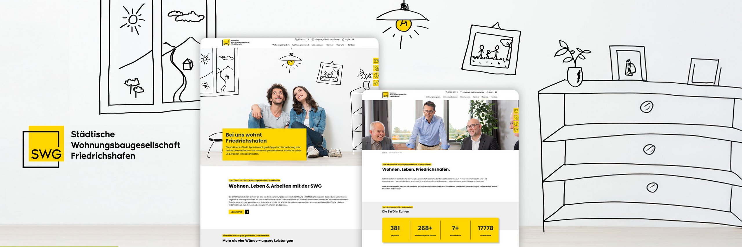 Header SWG Digitale und gedruckte Werbematerialien der SWG mit dem Slogan „Bei uns wohnt Friedrichshafen“ vor gezeichneter Wohnkulisse auf weißem Hintergrund.