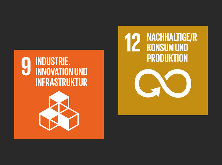 UN-Ziele: Innovation und nachhaltiger Konsum Zwei Icons der UN-Nachhaltigkeitsziele: Ziel 9 „Industrie, Innovation und Infrastruktur“ (orange) und Ziel 12 „Nachhaltiger Konsum und Produktion“ (ocker).